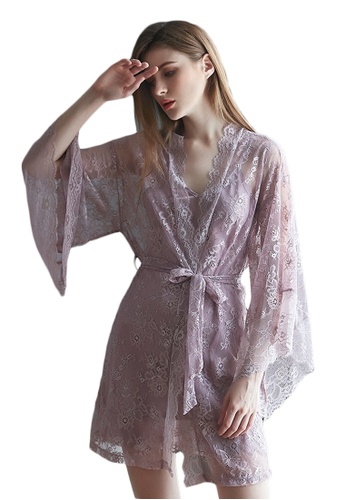 LYCKA purple LMX1053-Lady Lace Pajamas Two Pieces Set-Purple 48AACAA131825CGS_1