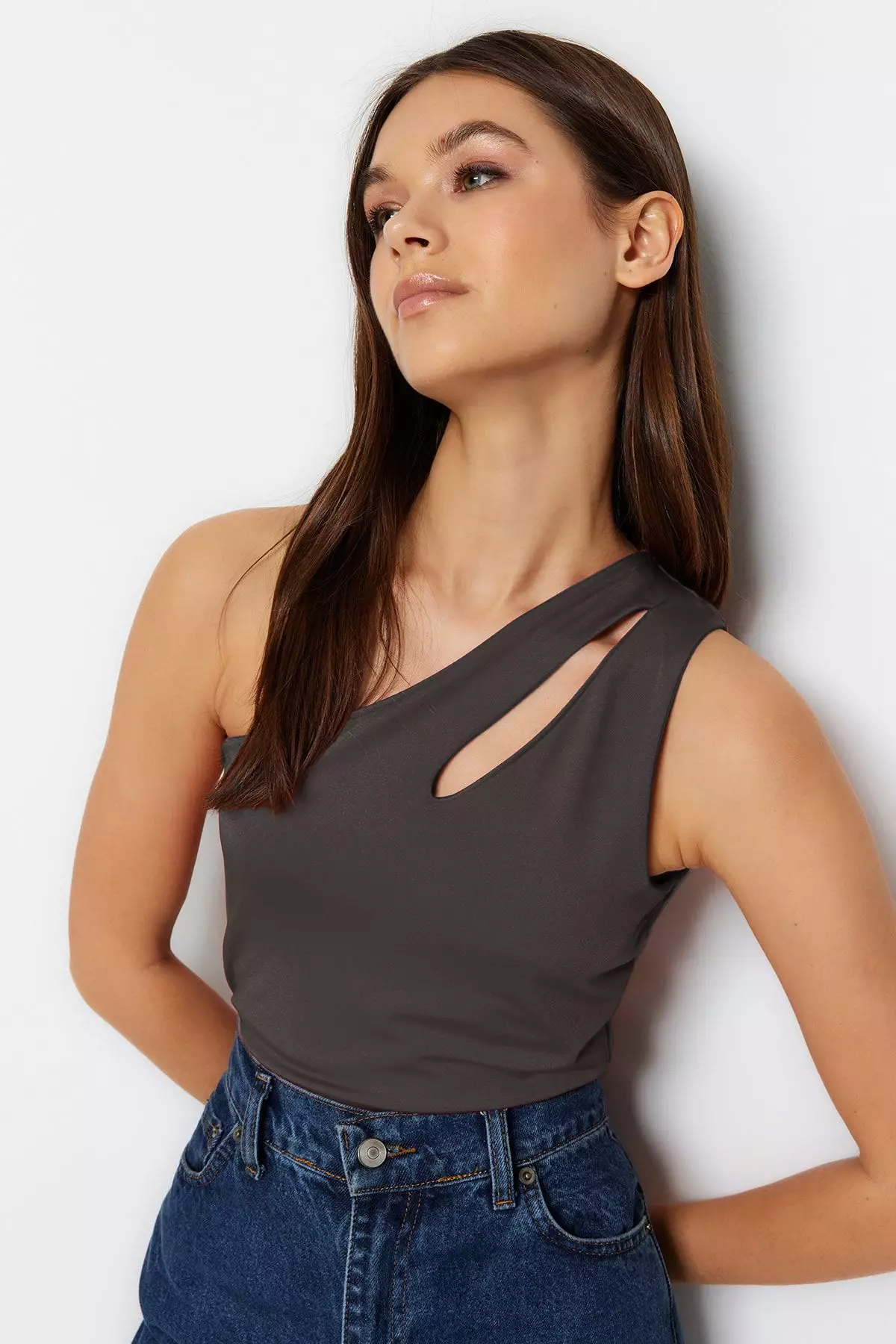 Anthracite Asymmetrical Collar Cut Out Detail Flexible Snap Knit Bodysuit