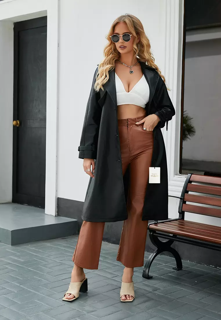 Oversized Faux Leather Trench Coat AD-M24PJ51