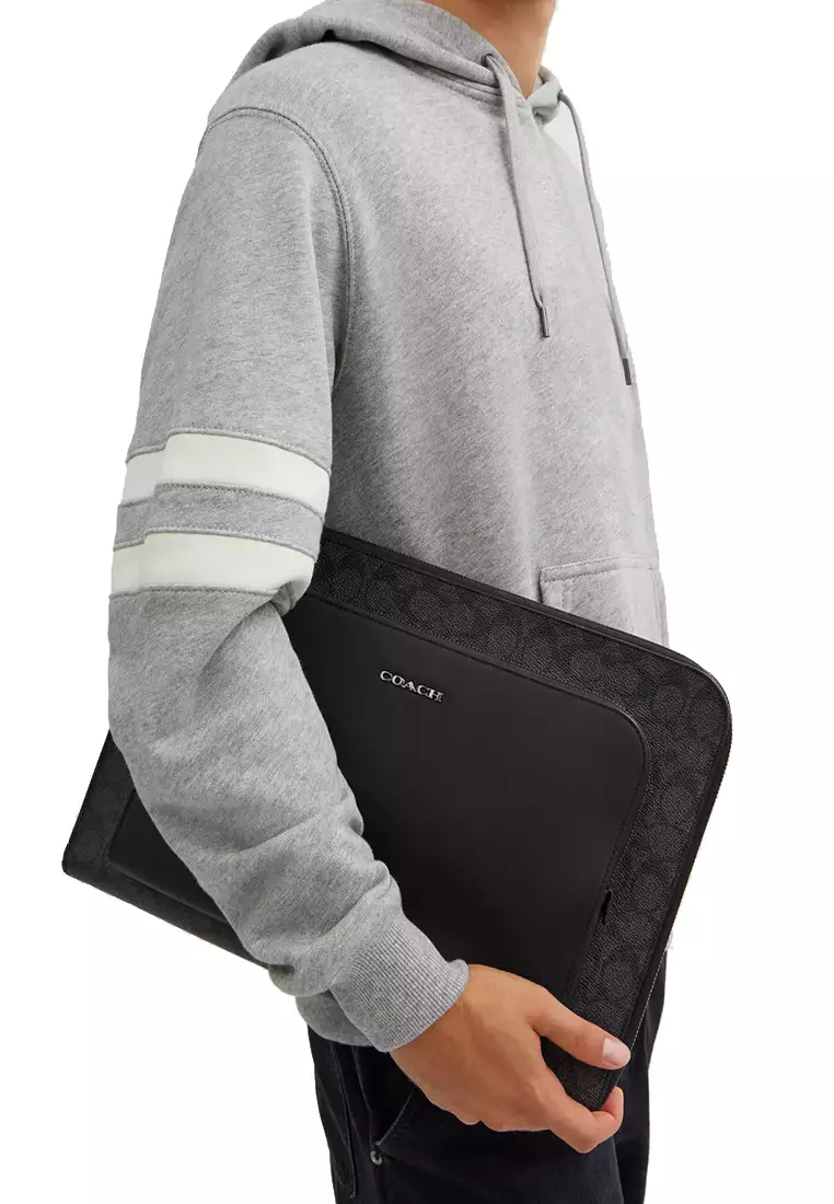 Ethan Portfolio Laptop Case In Signature Canvas in Charcoal/ Black CW363