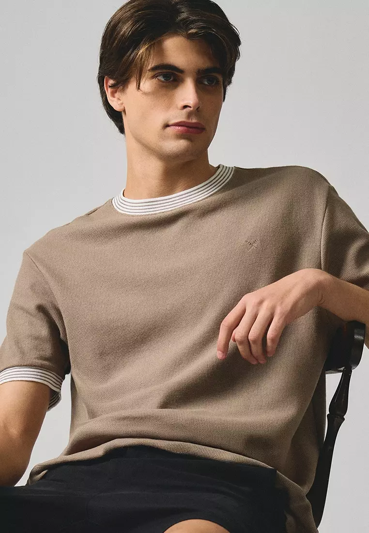 Regular Fit T-Shirt With Multiple Contrast Tipping Detail In Textured Knit