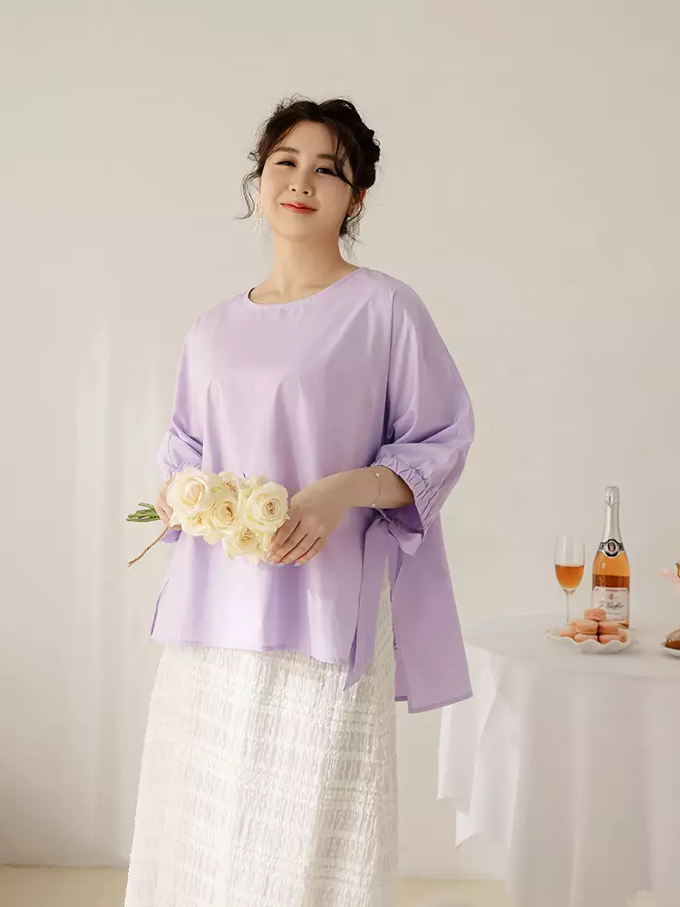 Cotton bow-tie puff sleeve slit top [AB19496]