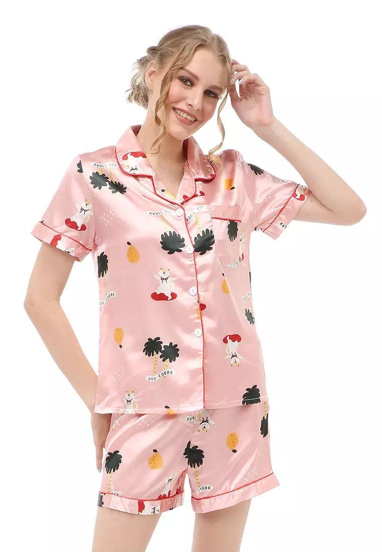 Vance Setelan Baju Tidur Wanita Lengan Pendek Motif Japancat Material Satin ORIGINAL - Pink
