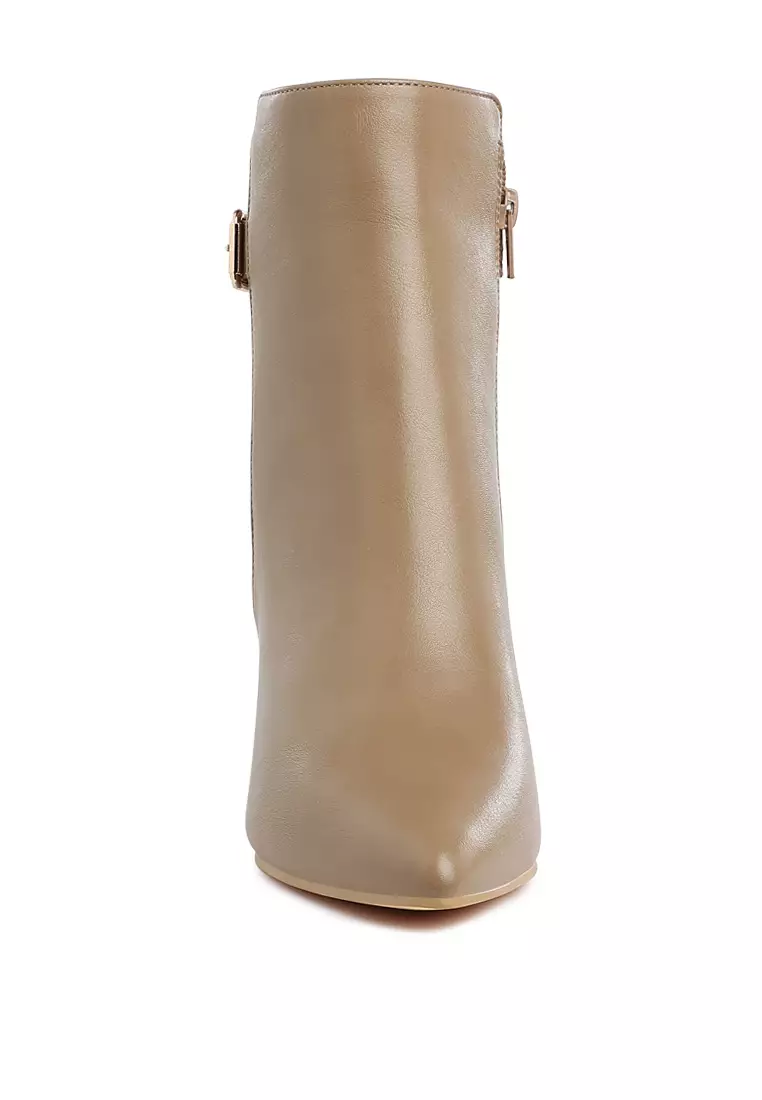 Belt Detail Block Heel Boots in Taupe