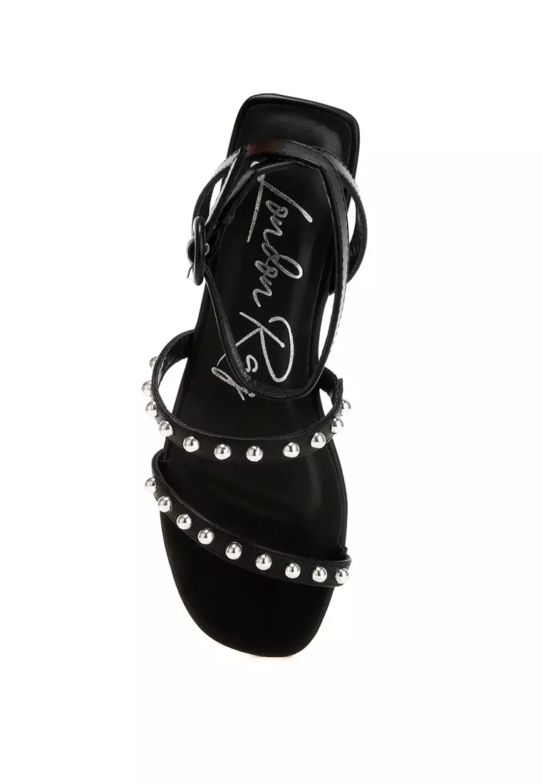 Studded Ankle Strap Flat Sandals in Black