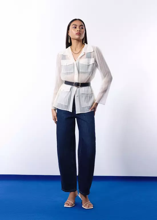 Atasan Wanita - Sheer Plisse Collared Button Down Shirt