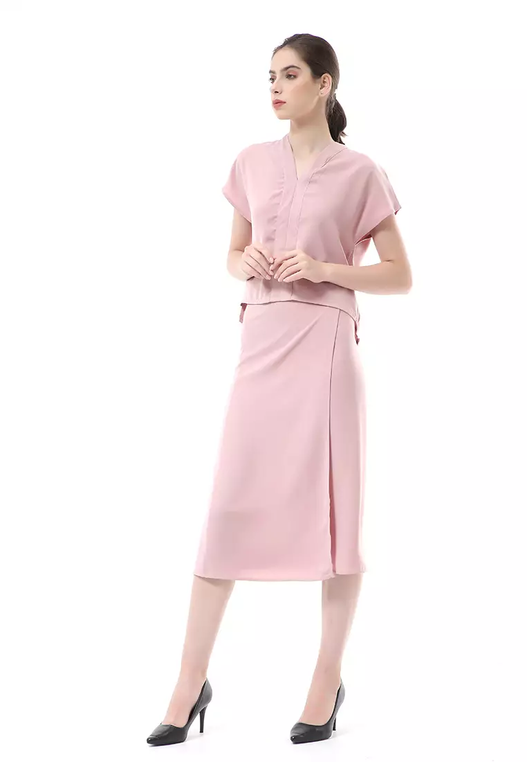 Nayra Setelan Baju & Rok Wanita One Set Adjustable Short Sleeve Material Dolce ORIGINAL - Soft Pink
