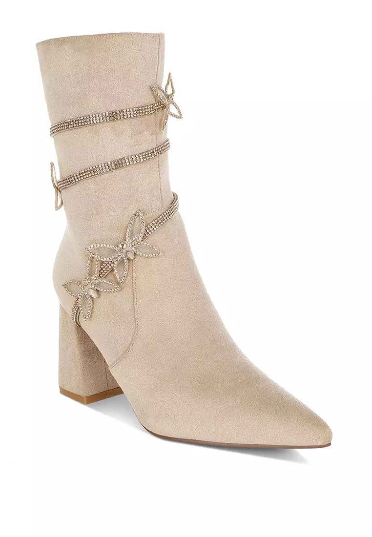 Rhinestone Brooch Wrap-Around Boots In Beige