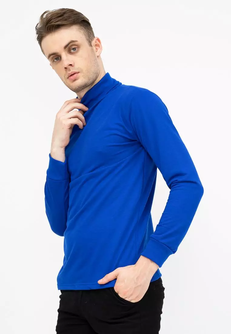 Turtle Neck pria lengan panjang biru kaos kerah tinggi slim fit houseofcuff