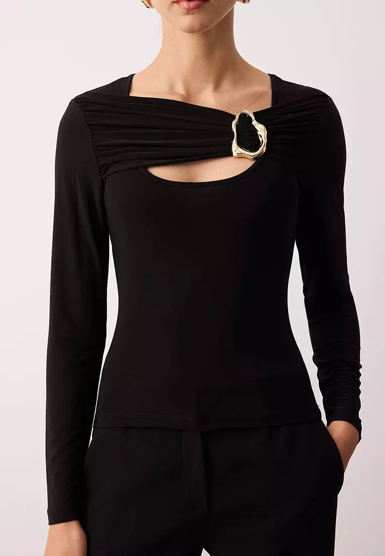Black Accessory And Cut Out Detail Bodycon Stretchy Knitted Blouse