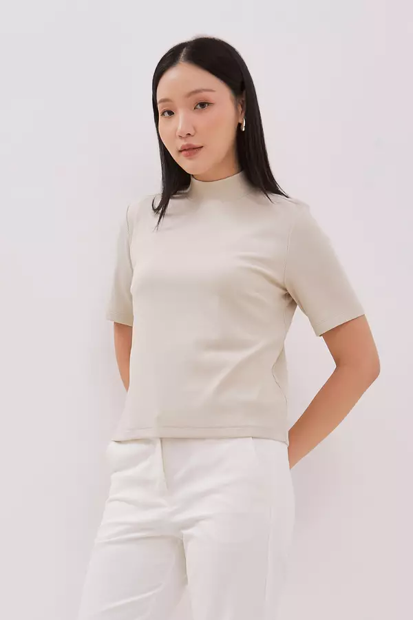 MINIMAL - Penny - Atasan Rib Kerah High Neck - Beige Colour Beige