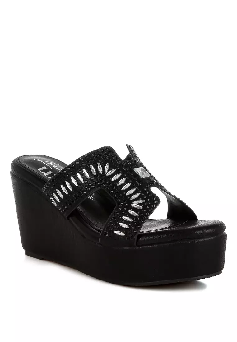 Diamante & Rhinestone Detail Cut-Out Sandals in Black