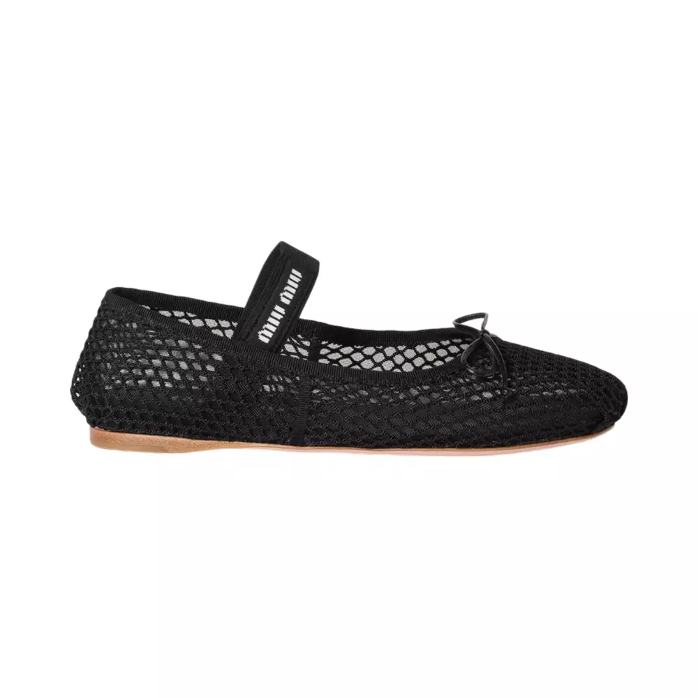 Mesh Fabric Logo Band Strap Ballerinas Black