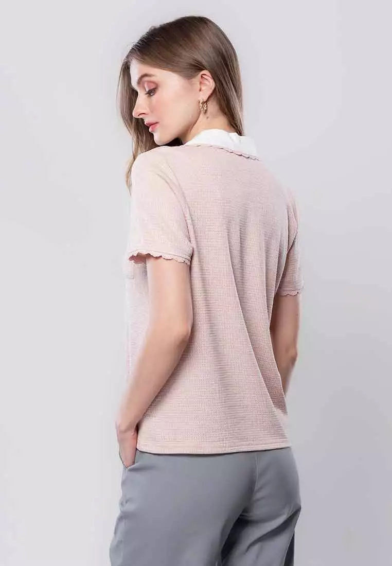 Ysabel Collared Knit Top with Scallop Trimming and Chest Pocket