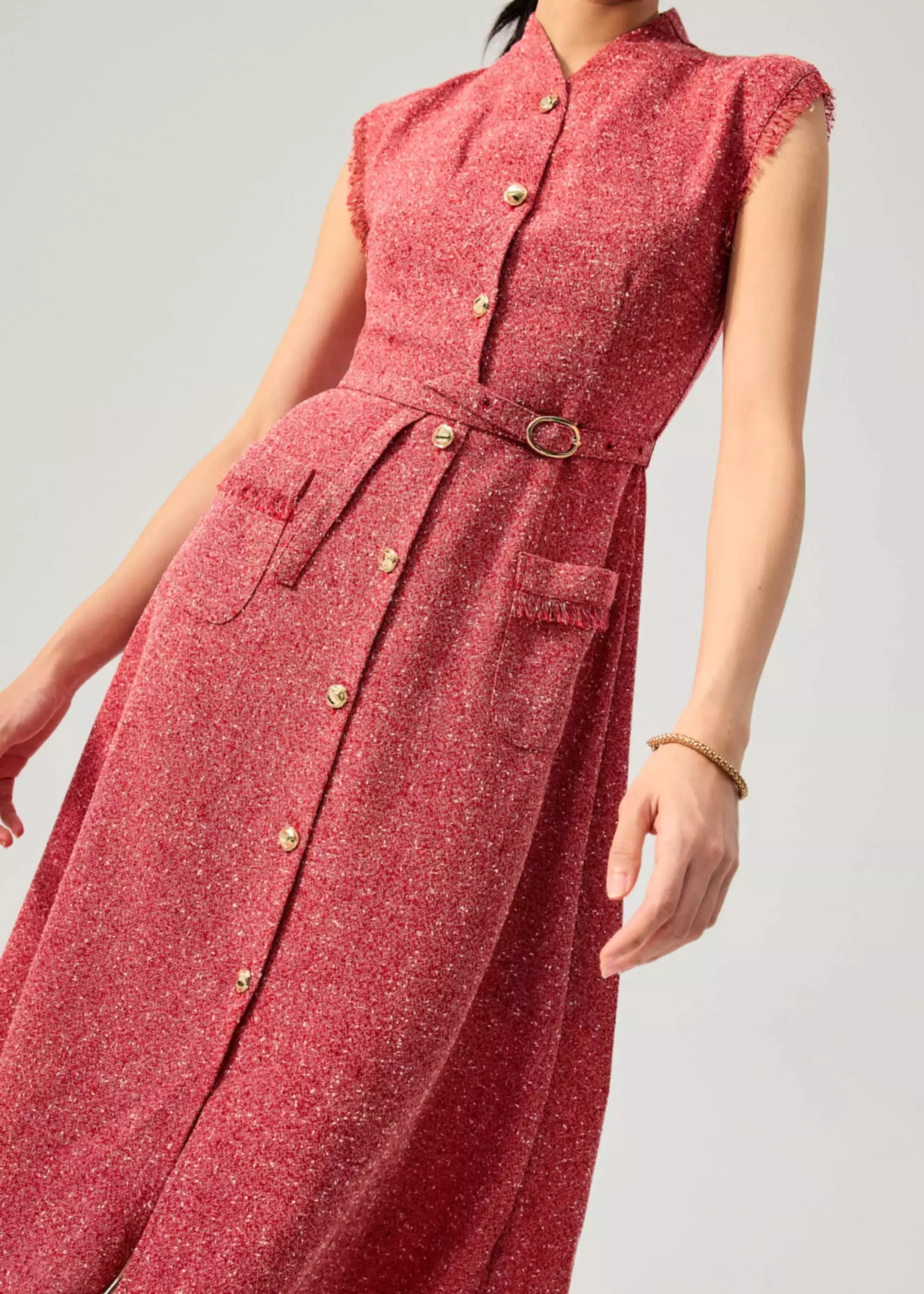 Dress Wanita - Fei Belted Tweed Mandarin Collar Fit & Flare Midaxi Dress