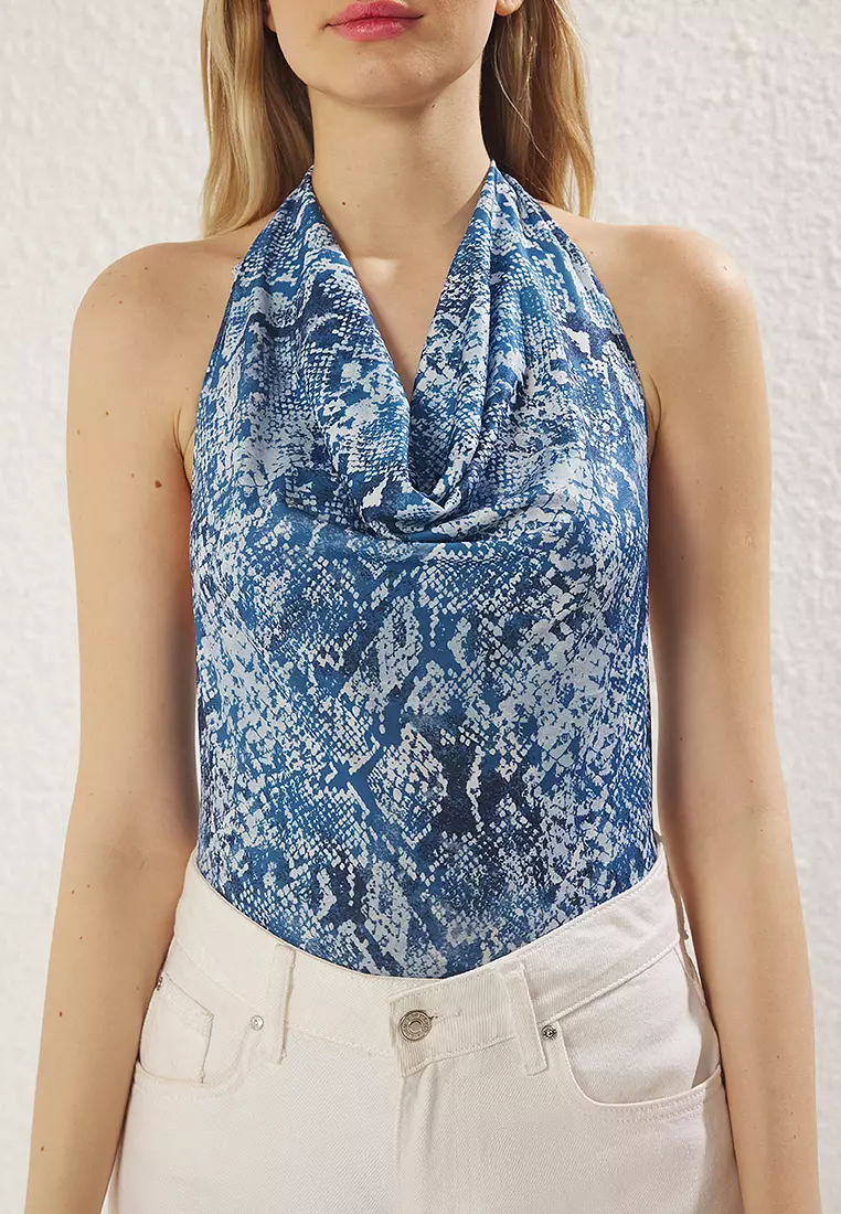 Blue Snake Printed Cowl Neck Elastic Knitted Bodysuit