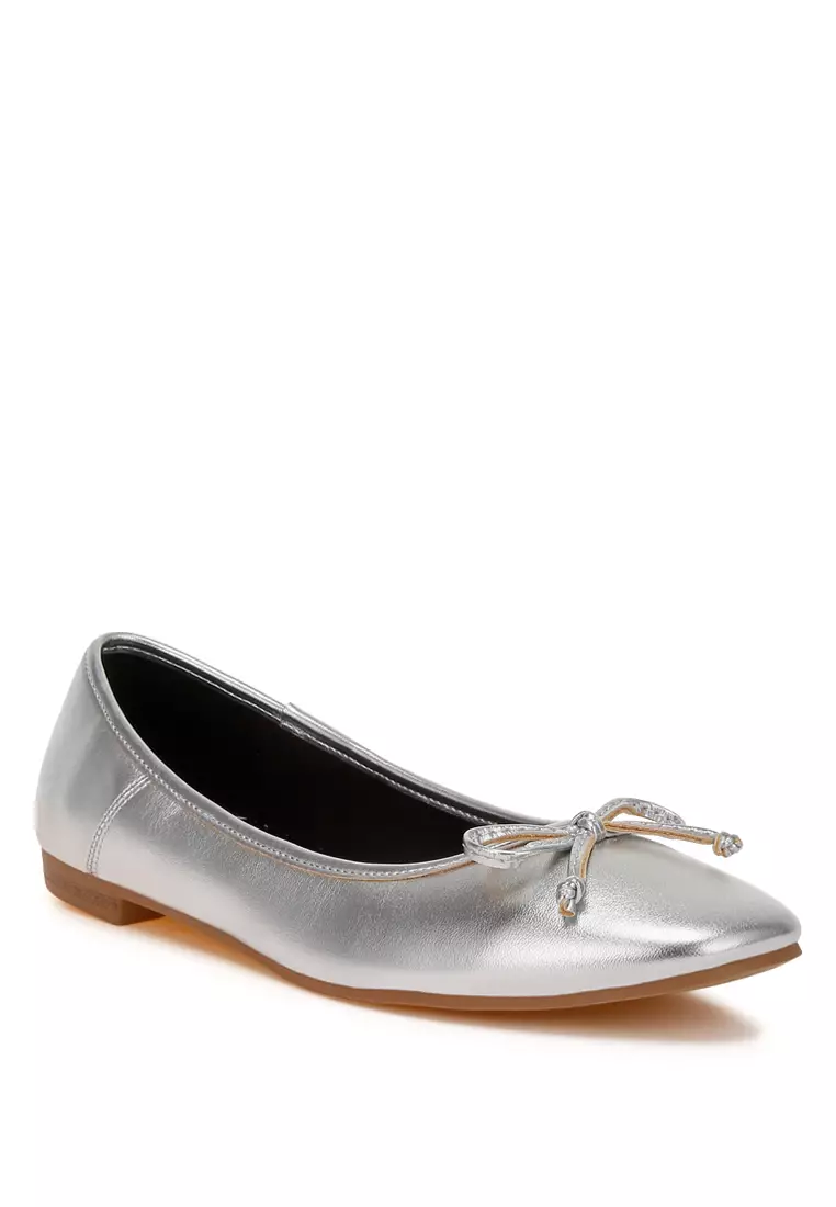 Bow Detail Metallic Ballerinas in Silver