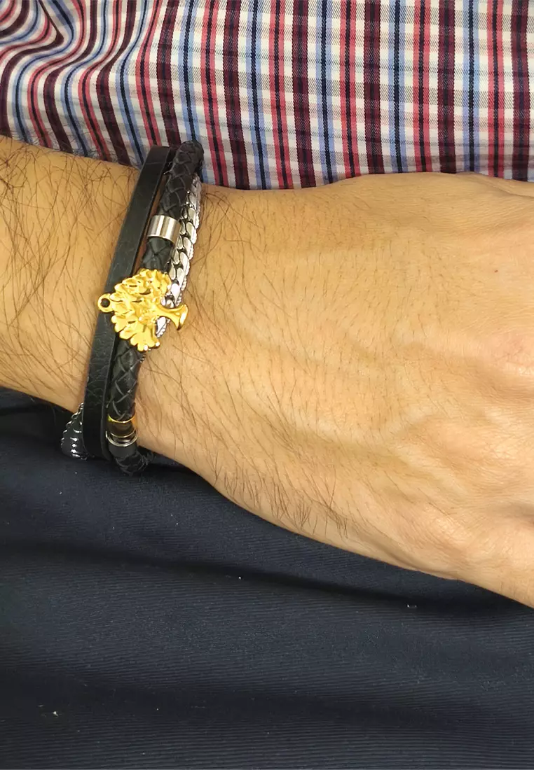 Accessories Pria Stainless Steel Tree Design Center Leather Bracelet Gelang Pria Black, Silver & Gold