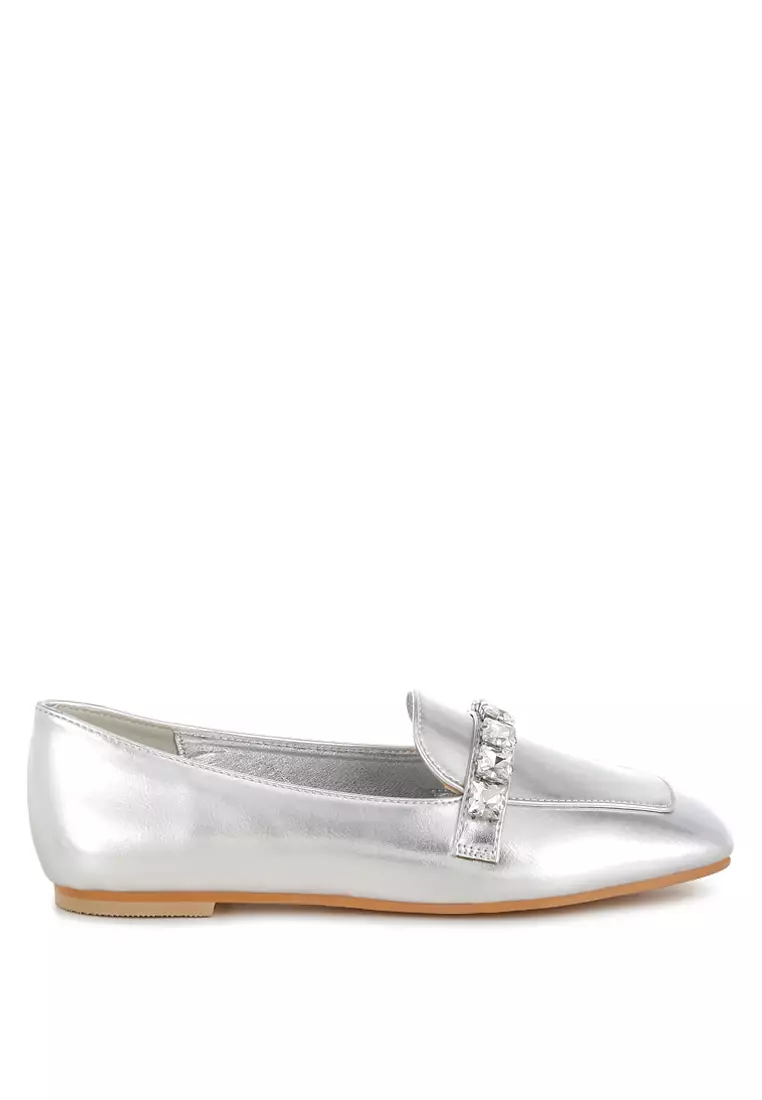 Discount on Rag & CO.  shoes - SKU: Metallic Diamante Strap Loafers In Silver