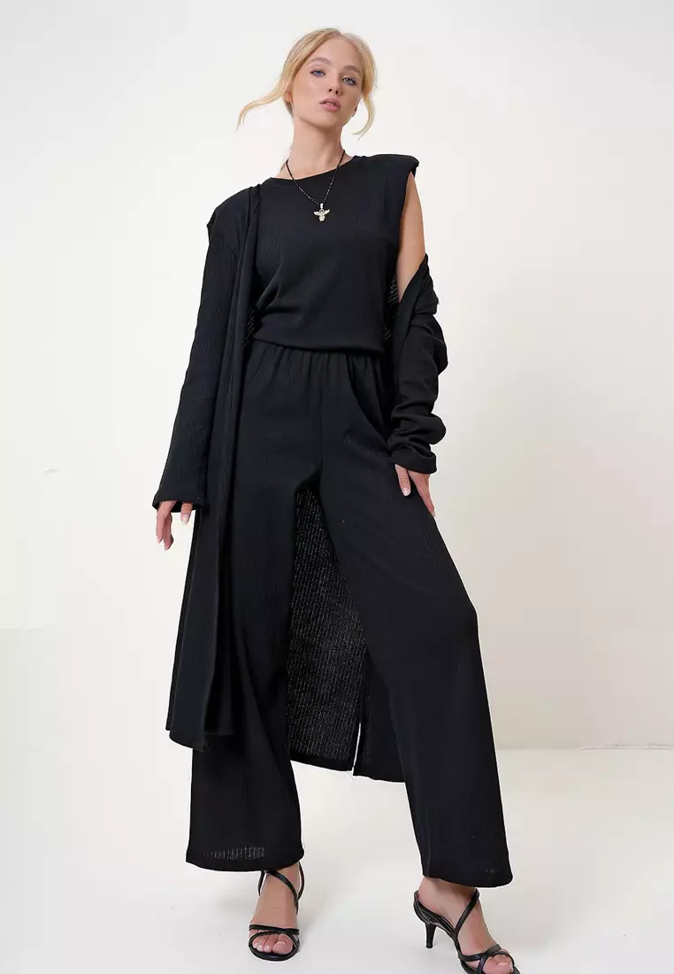 Bike Neck Blouse Trousers and Cardigan Set Suit