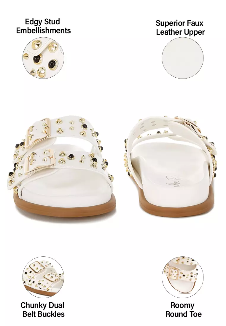 Metallic Stud Embellished Sliders In White