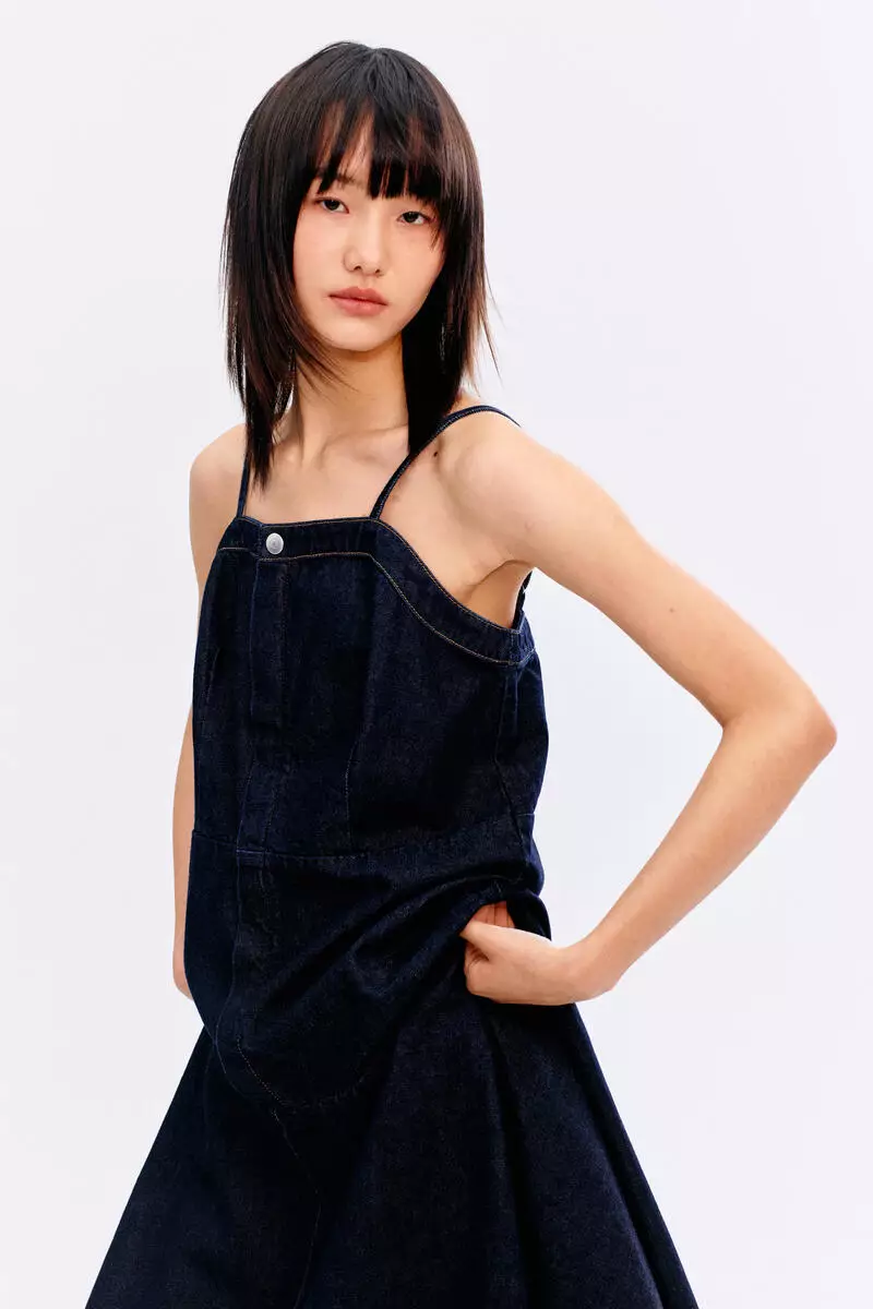 Asymmetric denim strappy dress