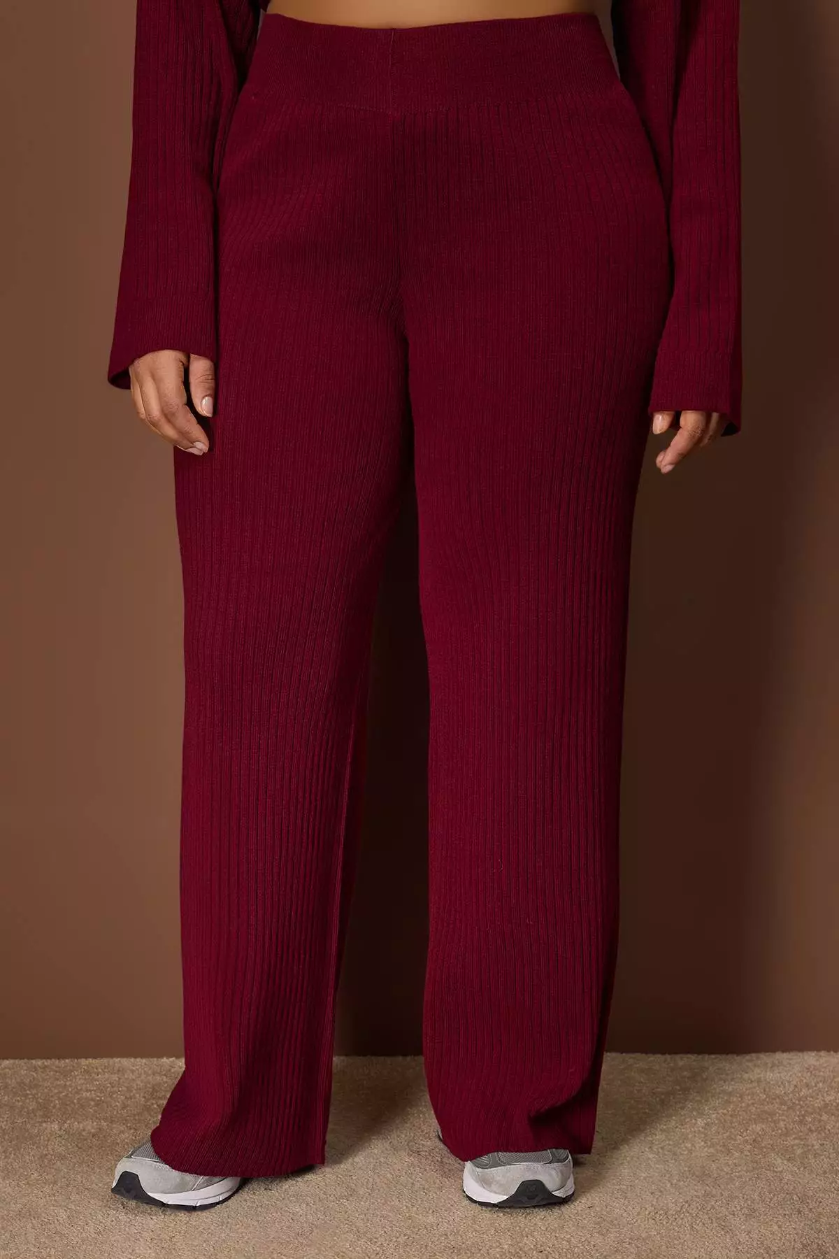Burgundy Ribbed Crew Neck Knitwear Sweater Pants Set Tbbaw23Cp00044