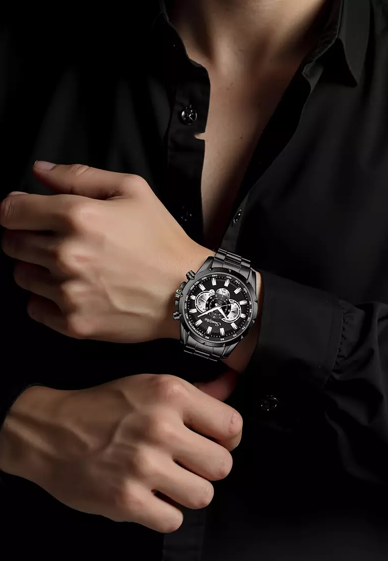 Jam Tangan Pria 3351 Kalender Kuarsa Jam Tangan Cowok Santai Tali Stainless Steel Original allblack