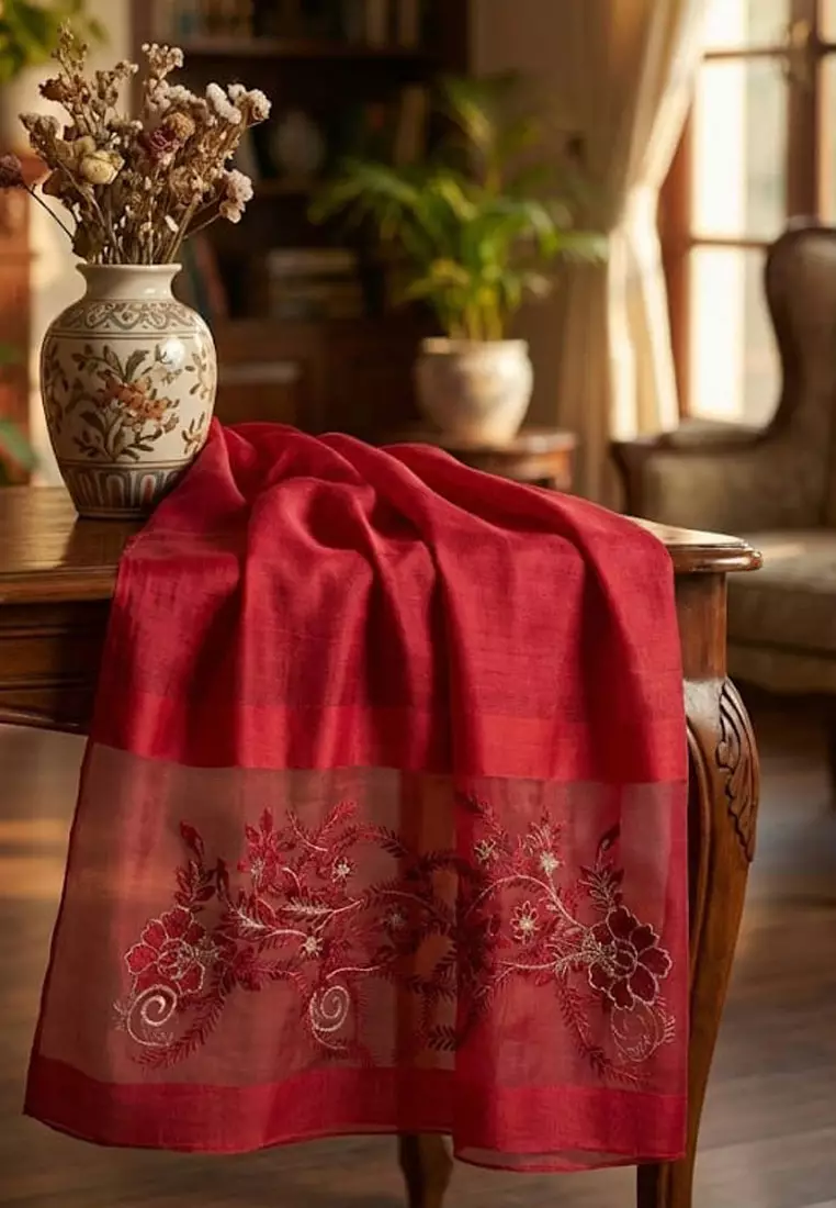 Golden Thread Embroidery Camelia Floral Silk Shawl Syal Sutra Wanita Deep Red