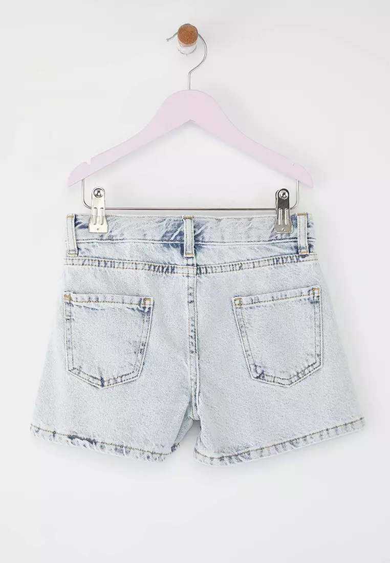 Blue Female Child 100% Cotton Cherry Embroidery Elastic Denim Shorts & Bermuda Tkdss25Sr00036