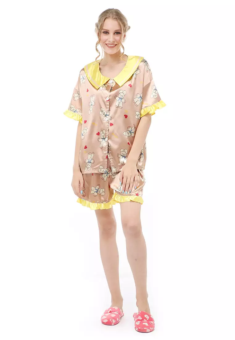Vance Setelan Baju Tidur Wanita Lengan Pendek Motif Coco Bear Material Satin ORIGINAL - Yellow