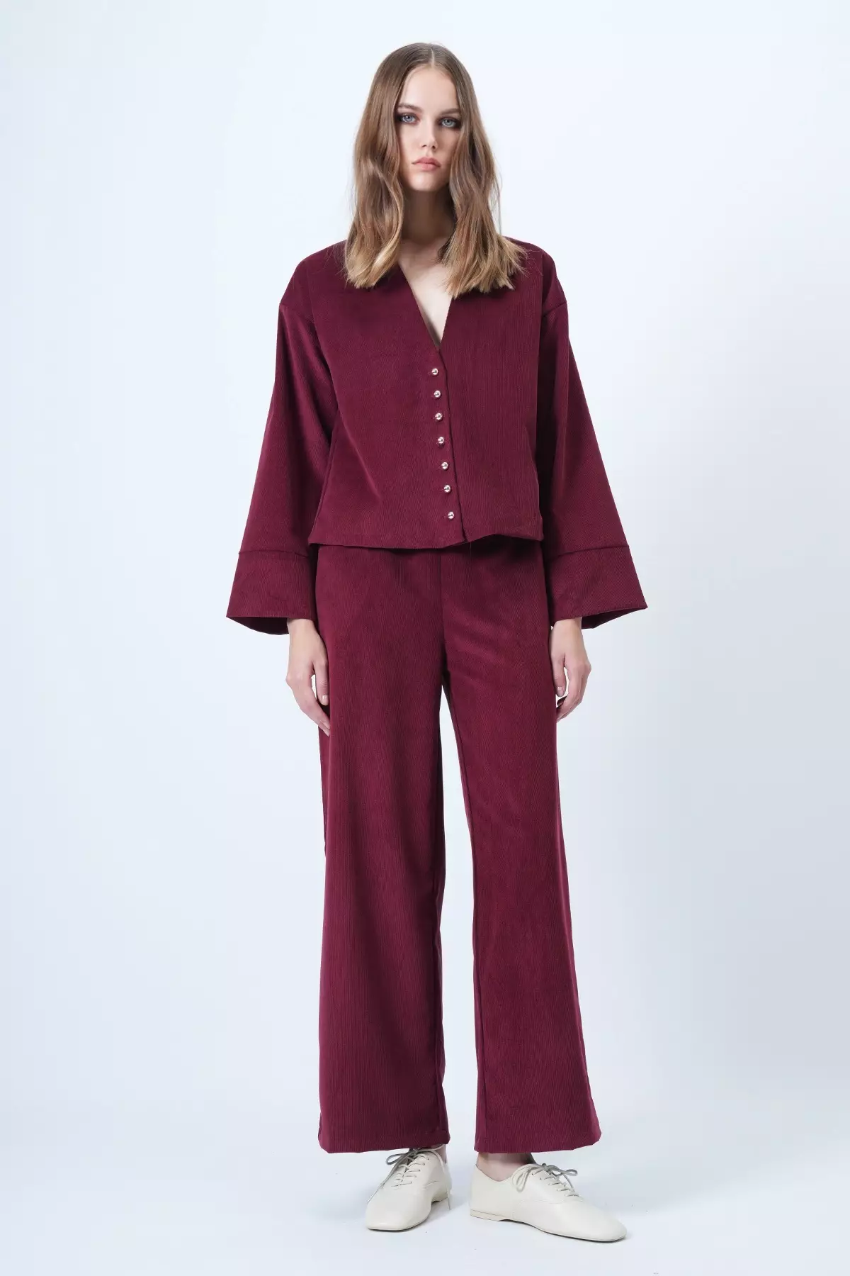 Burgundy Hakim Collar Gold Button Detailed Velvet Jacket And Palazzo Trousers Two-Piece Set Alc-X14633
