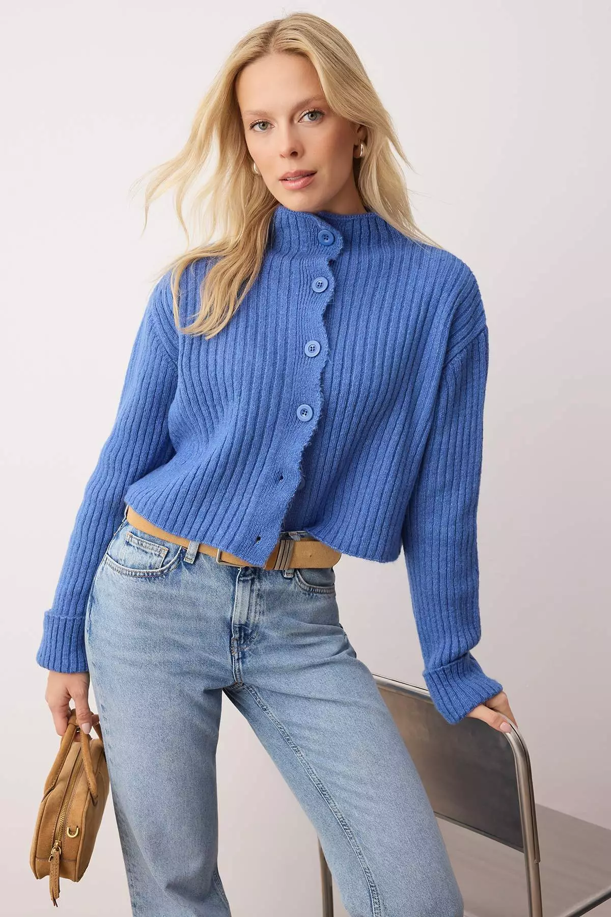 Blue Crop Soft Textured Mock Neck Knitwear Cardigan Twoaw22Hi0174