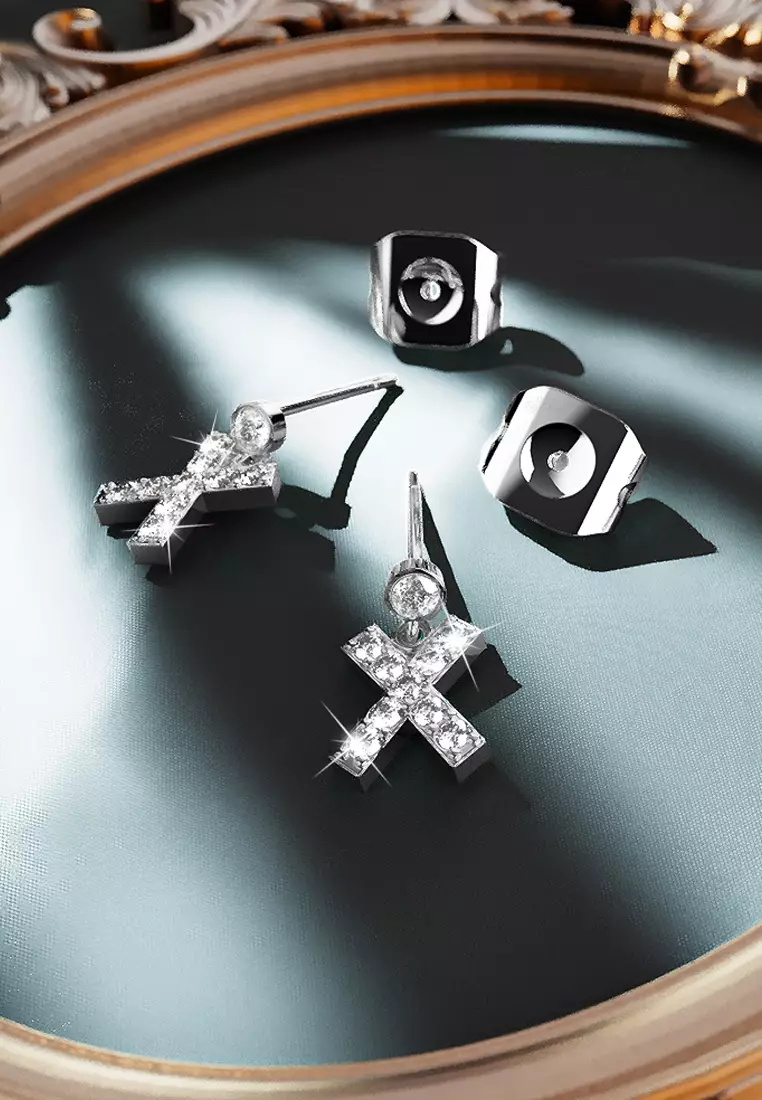 Solid 925 Sterling Silver Initial Crystal Personalised Alphabet Letter Earrings - X