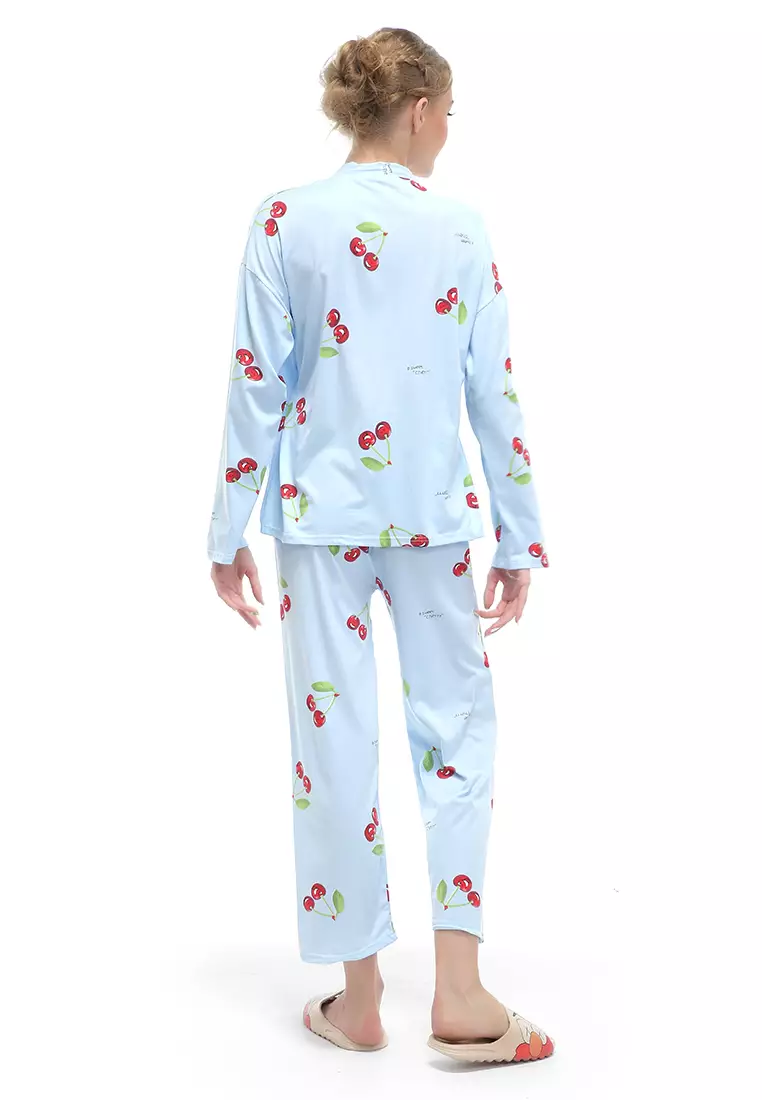 Vance Setelan Piyama Kimono Baju Tidur Wanita Lengan Panjang Motif Cherry Material Cotton ORIGINAL - Blue