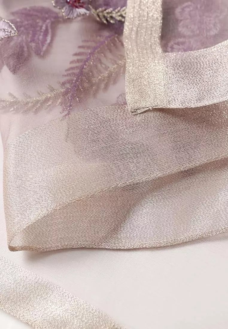 Aksesoris Wanita Golden Thread Embroidery Floral Beaded Silk Shawl Syal Sutra Wanita Bordir Lavender