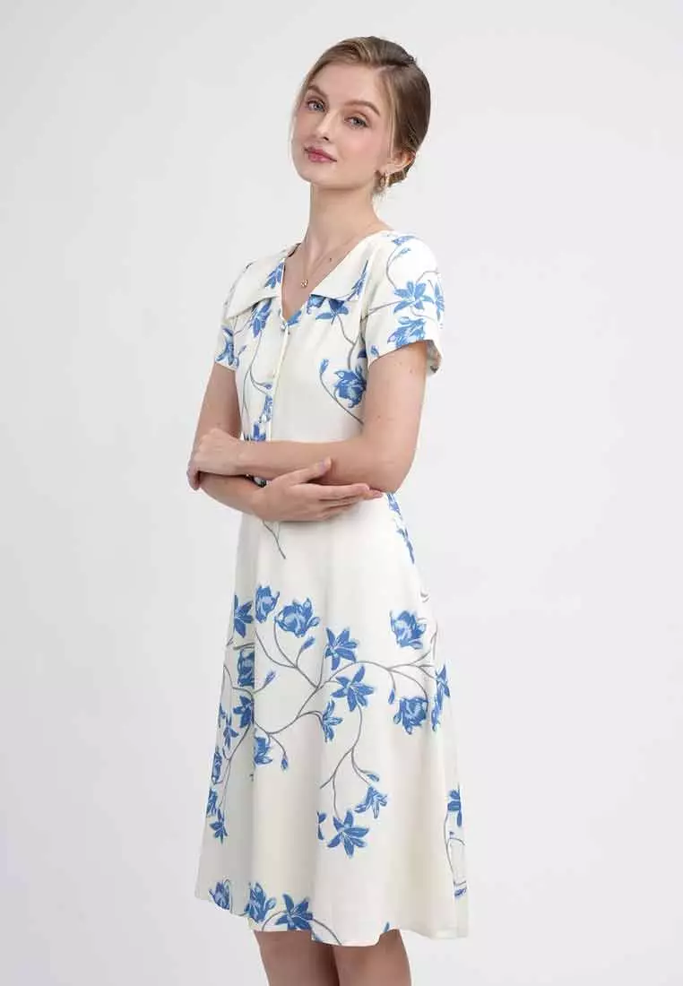 Zelina Vintage Floral Print A-Line Midi Dress