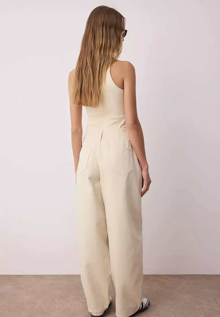Ecru Pocket Detailed High Waist Barrel Baggy Jeans