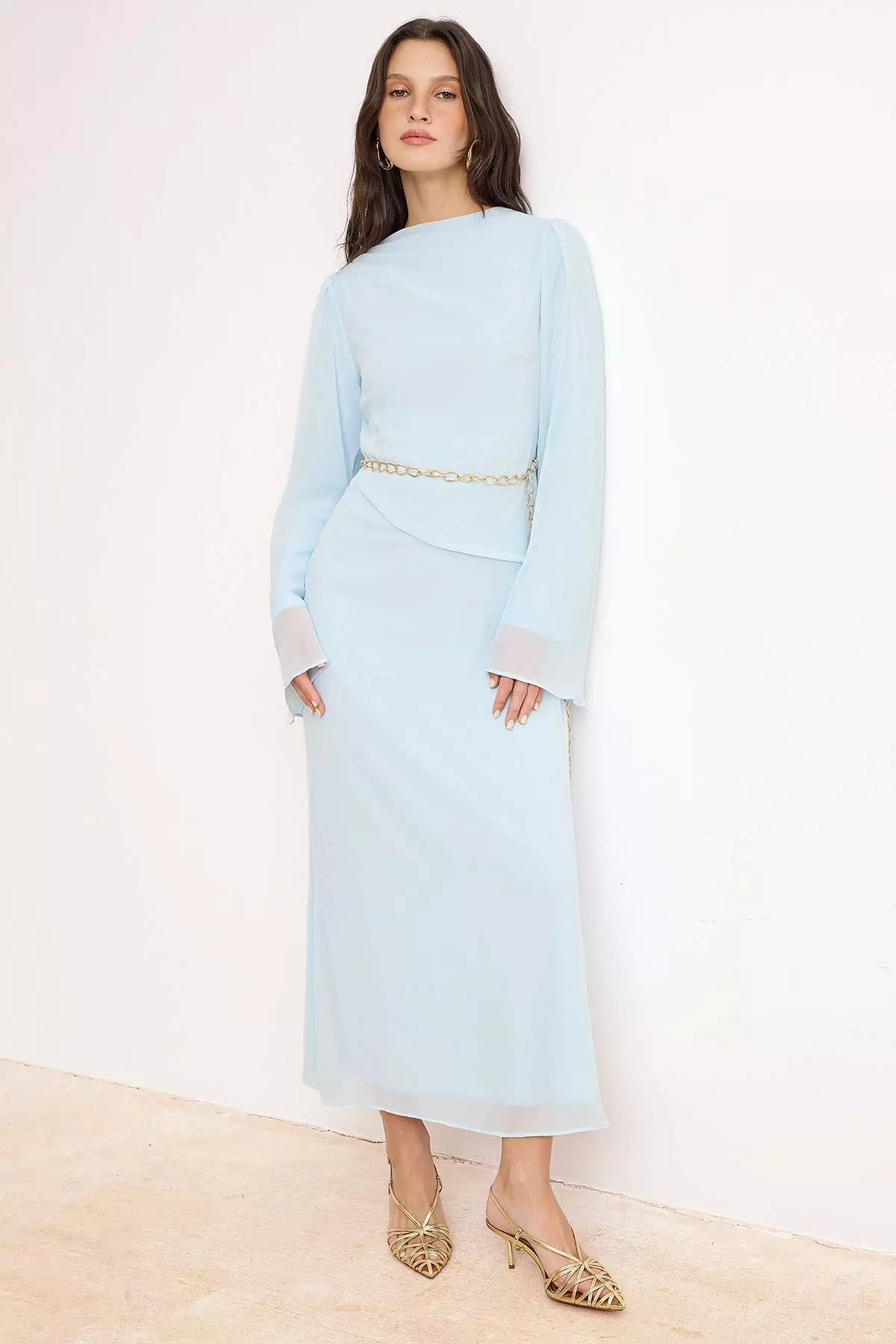 Blue Silk Chiffon Chain Accessory Lined Plain Woven Hijab Dress Tctss26Eb00084