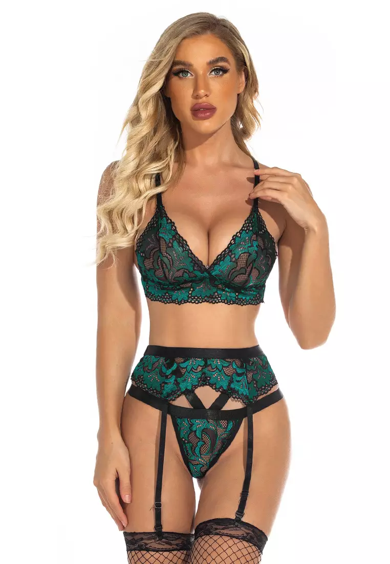 LDB4165-Lady Two Piece Sexy Bra and Panty Lingerie Pajamas Sets (Green)
