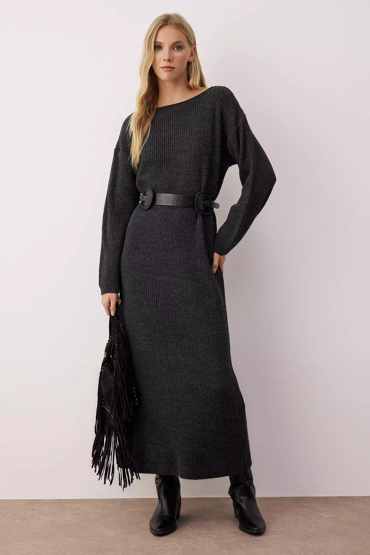 Anthracite Plain Maxi Basic Oversize Boat Neck Knitwear Long Dress