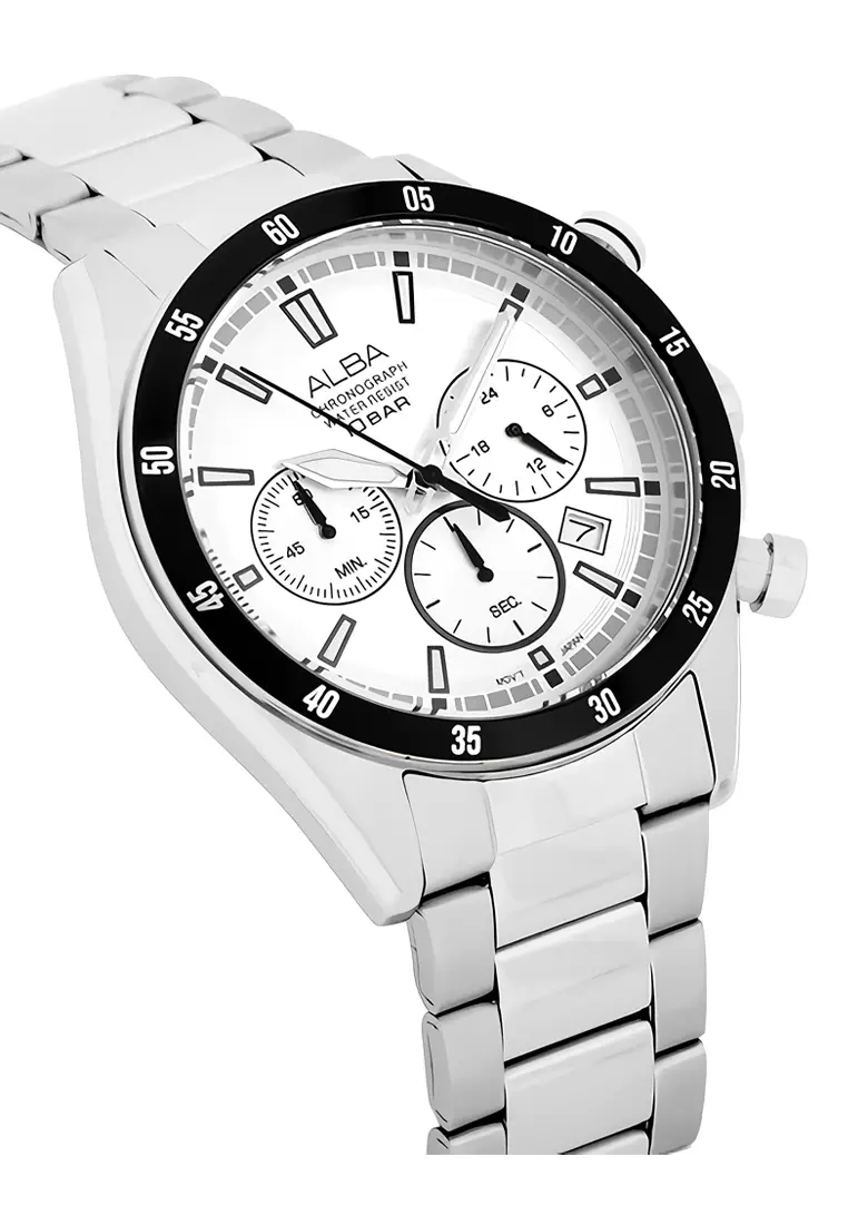 Alba Jam Tangan Chronograph Pria Silver White Dial Stainless Steel - AT3J31X1