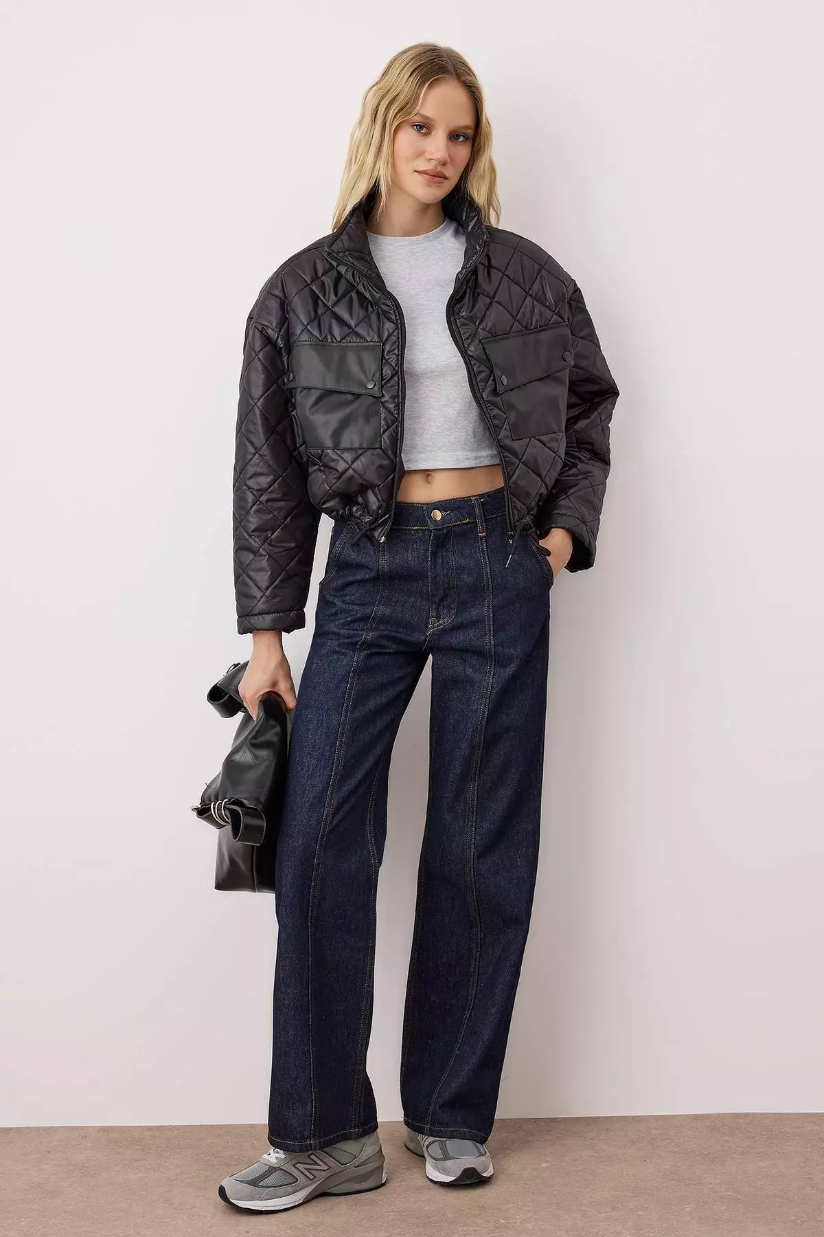 Black Regular Fit Faux Leather Pocket Detailed Quilted Coat