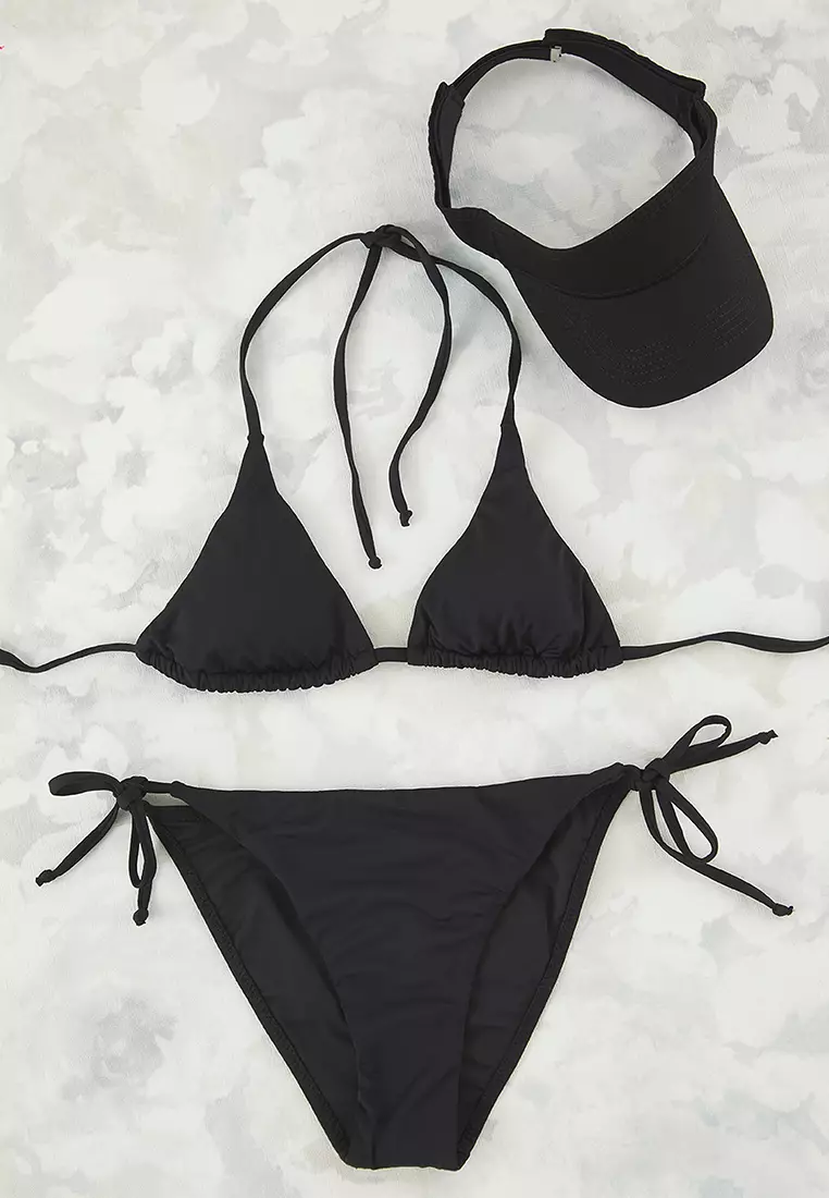 Black Triangle Bikini Set Hat Beach Wear Set TBESS25JS00007