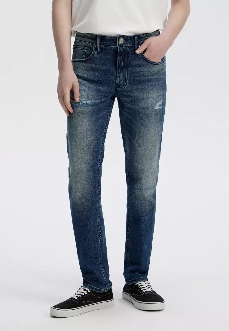 男裝V57修身中深色洗彈性磨損牛仔褲