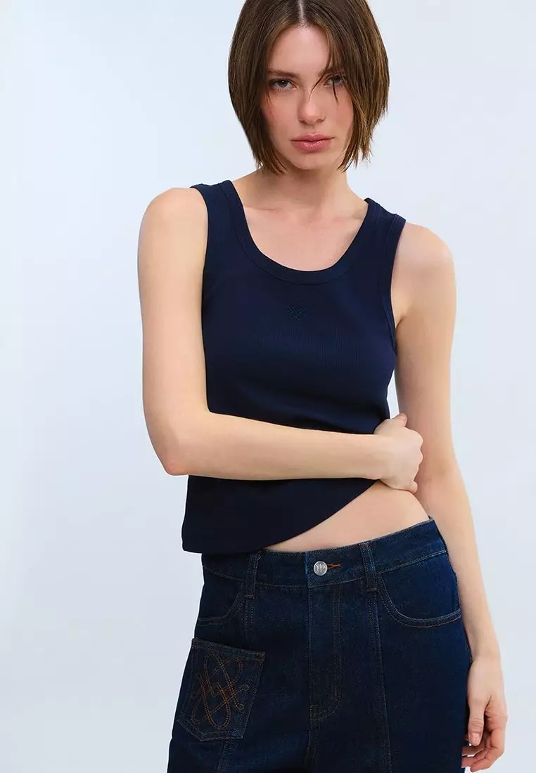 Ribbed Scoop Neck Tank Top - Blue