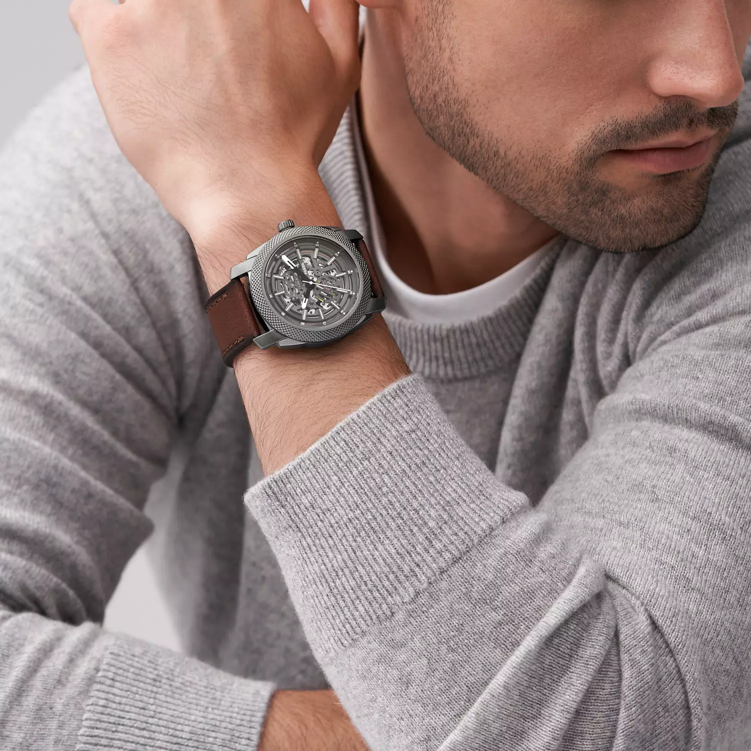 Fossil Machine Automatic Brown LiteHide™ Leather Jam Pria - ME3254