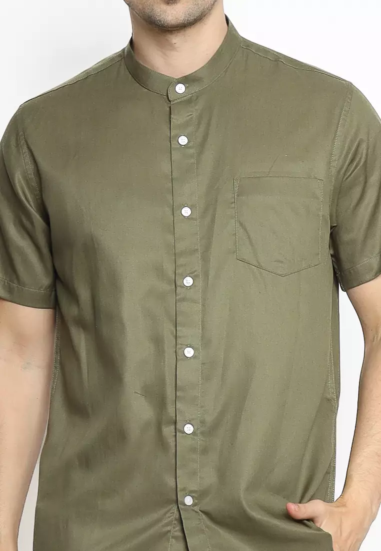 MAGINOT Kemeja Pria KOKO Basic Polos Lengan Pendek DARK OLIVE