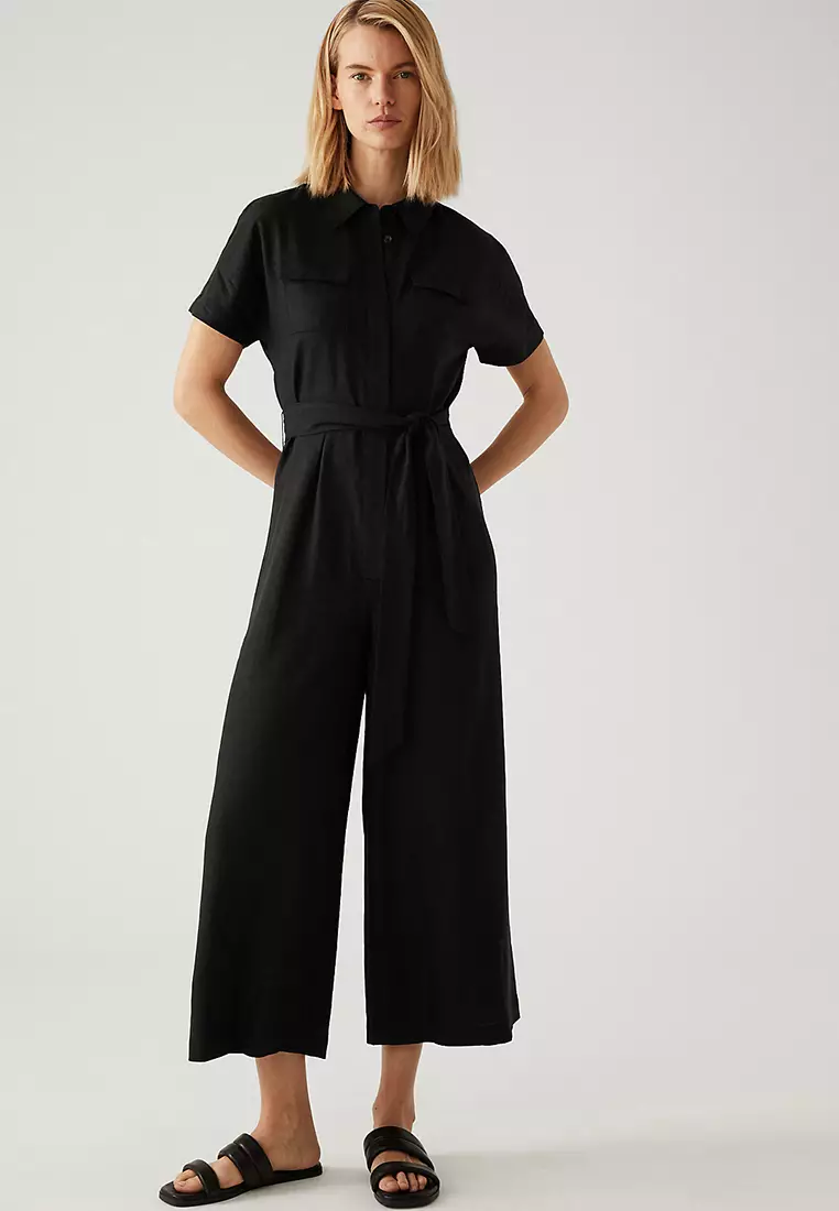 Linen Blend Belted Cropped Jumpsuit