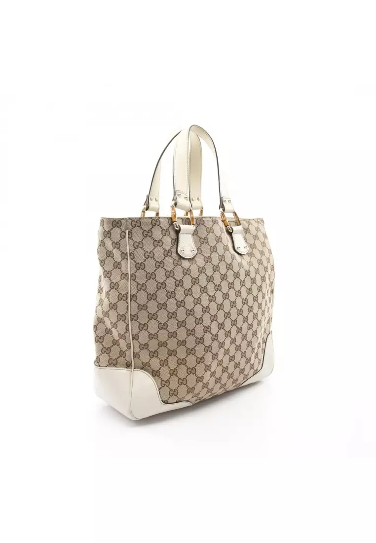 Pre-Loved Gucci Bamboo Horsebit GG canvas Handbag tote bag canvas leather beige off white